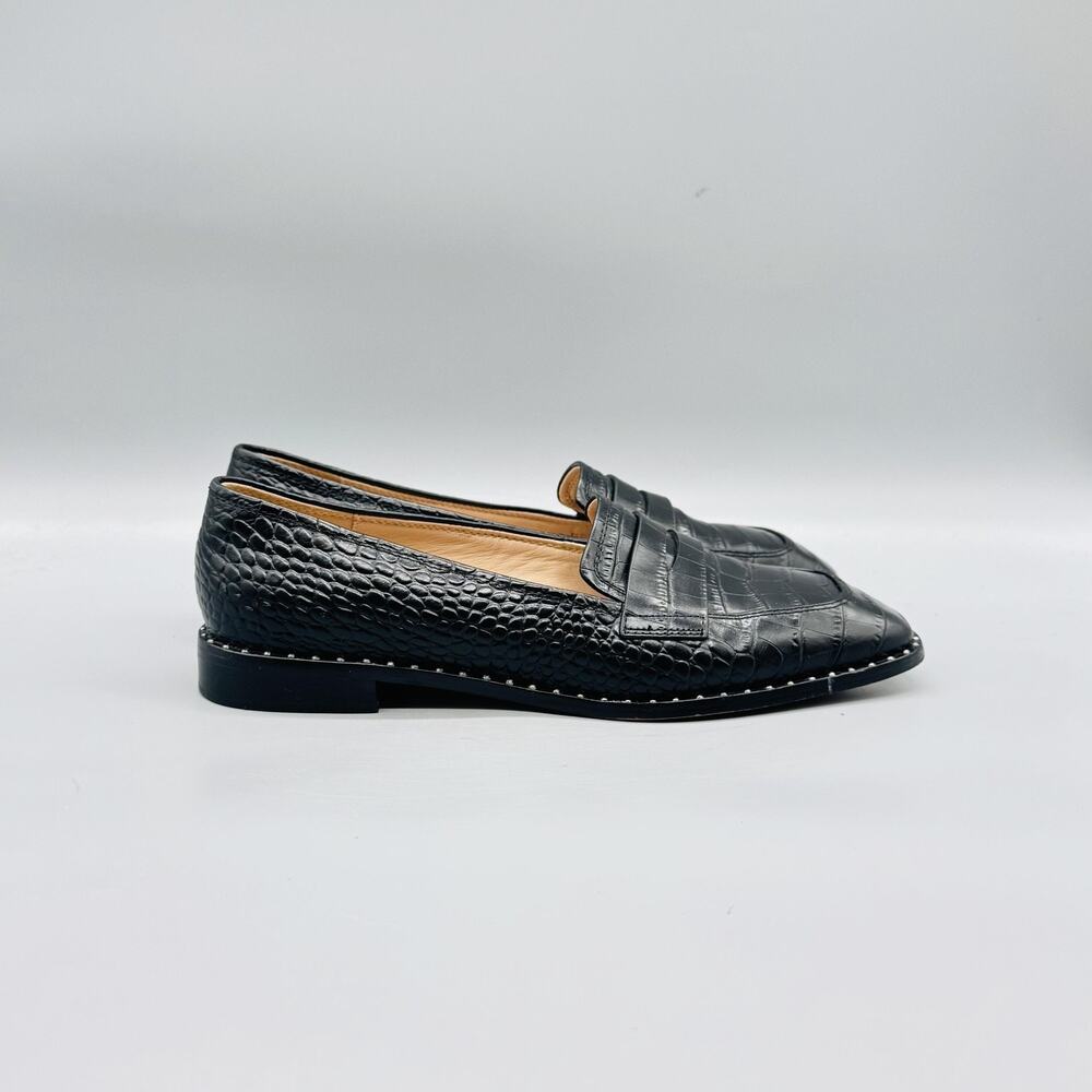 Something Navy Shoes Womens 9 Black Leather Penny Loafer Flats Croc Embossed